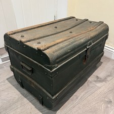 VTG Green Tin Metal Travel Trunk Storage Box Victorian Original Paint & Patina