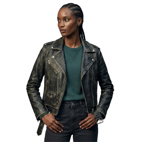 Distressed black leather biker - leather,