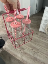 Pink Caddy with 4 Glass Milk Bottles & Monochrome Straws