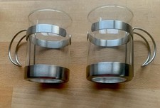 2 x Vintage Bodum Style Tea & Coffee Glass Cups Mugs 300ml, Stainless Steel