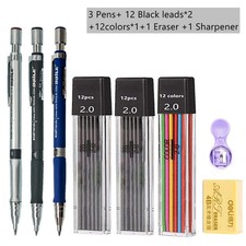 Set of Mechanical Pencil Set 2.0mm with 2B Black + Colors Lead Refills 3 Pencils
