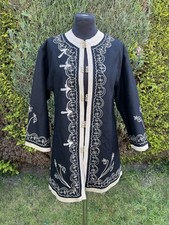 Vintage 70s Moroccan Black Felt Wool Long Jacket Pale Gold Embroidery Size M
