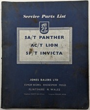 Original Jones Balers Service Parts List For Panther, Lion & Invicta, c 1950's