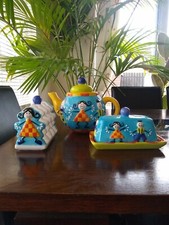 Vtg Rayware Novelty Kids Toast Rack Teapot Butter Dish Retro Ceramic*Some Flaws 