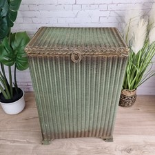 Retro Vintage LLoyd Loom Style Green, Gold Wicker Rattan Laundry Basket Storage