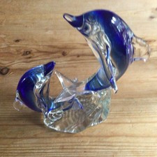 Murano Style Glass Blue Dolphins on Water Waves Hand Blown Sculpture