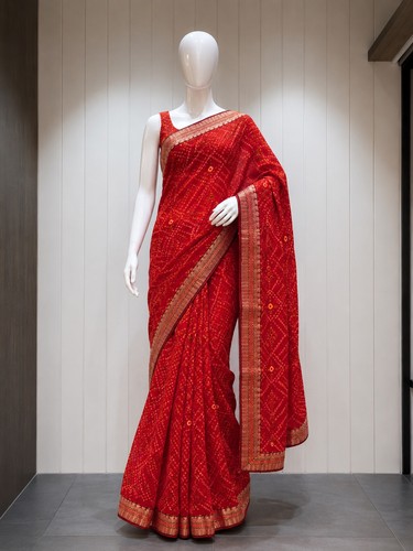Red bandhani saree - red,