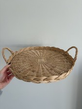 VINTAGE round circular wicker woven brown tray 35cm diameter scallop edge