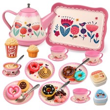 Kids 30 PCs Tea Set Floral Print Pretend Play Tea Party Kitchen Role Playset Toy