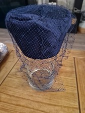 Vintage Navy Blue Satin And Net Pillbox Hat With Bow 1960's