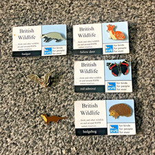 Retro RSPB British Wildlife Pin Badges x6 Badger Fallow Deer Hedgehog R. Admiral