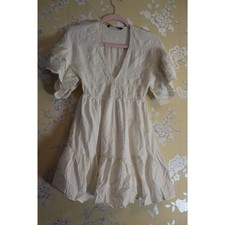 ZARA Cream Textured Mini Dress with Broderie Puff Sleeves – Size M
