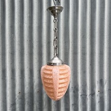 Vintage Art Deco Ceiling Pendant Light Lamp Chrome & Marbled Peach Glass 1930s