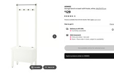 IKEA Hemnes Storage Bench with Rail and Hooks White