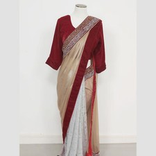 Zarkan Indian Designer Sale Saree with Blouse Net Sheer Silver Gold UK Size M