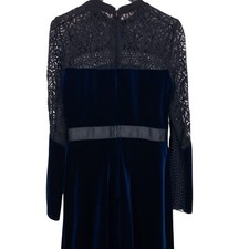 Topshop Blue Velvet Midi Dress With Black Lace Detailing - Size 8