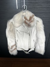 Womens White Leather Jacket with Fur Collar/Sleeves Size 10 -
