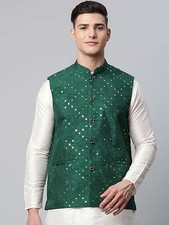 Men's Green Mirror Work Nehru