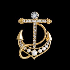 Art Deco Style Enamel Crystal Ship's Anchor Brooch Badge Pin Gift
