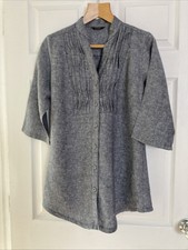100% Linen Loose Smock Blouse Tunic Size 14 Marle Grey Blue 3/4 Sleeves Perfect