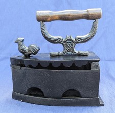 Vintage Cast Iron Coal Filled Flat Iron with Wooden Handle & Rooster Latch 2.3kg
