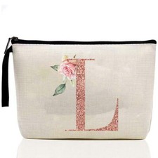 Rose Initials Bridesmaid Make up Bags White Cosmetic Pouch Case Purse Storage