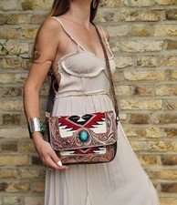AZTEC CARPET BAG with Tooled Leather - Small Women Western Bag, Vintage Saddle