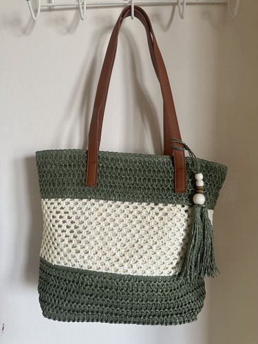 Straw tote bag green beige - green, &