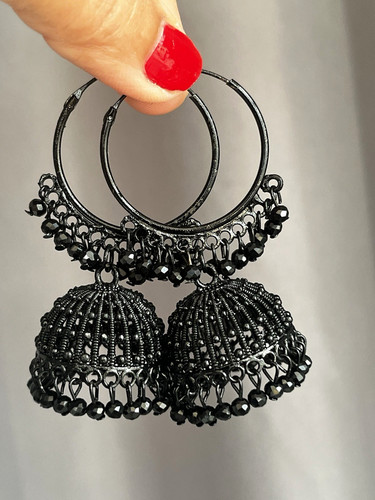 Black metal hoop jhumka - black,