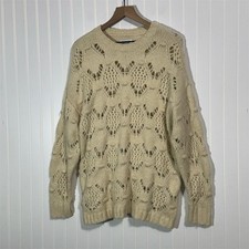 American Eagle S Open Knit Sweater Cream Wool Blend Chunky Fisherman Pullover 