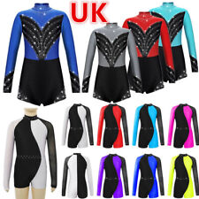 UK Girls Contrast Color Gymnastics Leotards Mesh Long Sleeve Sparkle Dancewear