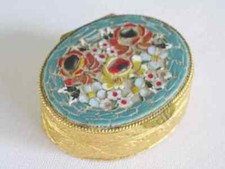 Vintage Micro Mosaic Box 1950s Floral Pill Trinket Pot Gilt Metal Coloured Glass