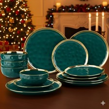 12 Piece Ceramic Green & Gold