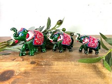 Set 3 Green Hand Made Indian Hand Painted Rajasthani Elephant Statue Ornament