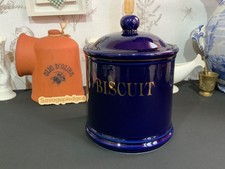Vintage Ceramic Biscuit Barrel / Jar / Canister Dark Blue & Gold 20cm x 15cm