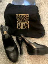 BIBA 90s Does 70s Black Leather Platform Slingback Shoe Louis Heels UK 4 37 £350