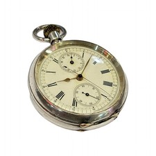 Antique 935 Silver Central Seconds Chronograph Open Faced Pocket Watch Working