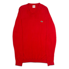LACOSTE Mens Jumper Red V-Neck Tight Knit 2XL