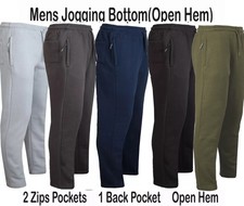 Mens Fleece Jogging Bottoms ZIP Pockets Pants Plain Open Hem Joggers Trouser