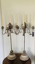 Pair Wrought Iron Four Branch Candle Holders + Crystal Drops Rustic Finish 29"H