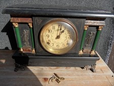 Antique Wooden Faux Marble 8 Day SESSIONS USA Mantle Clock w/Bell & Gong Chime