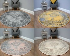 Vintage Round Rug Distressed Faded Traditional Design Soft Low Pile Circle Mat