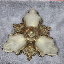 Antique Ceiling Light Vaseline Glass W/ Brass 1910s 3 Vaseline Glass Lamp Shade