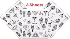 3 Sheets of Nail Art Water Decals Stickers Transfers ,Black Jewellery Lace Dots