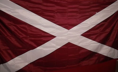 Maroon and white saltire flag - and,