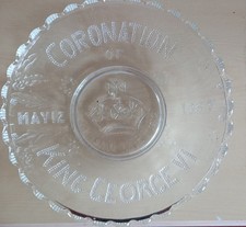 Vintage King George VI 1937 Coronation Pressed Glass Plate Dish 10" Ex Condition