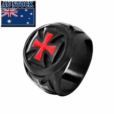 Mens Real Stainless Steel Black&Red Knights Templar Maltese Cross Band Ring