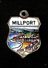 MILLPORT - VINTAGE SILVER ENAMEL SHIELD SOUVENIR BRACELET CHARM. Scarce.