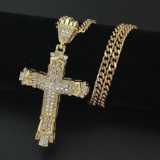 Mens Bling Hip Hop Cross Crucifix Pendant Necklace With CZ Gemstone With Chain