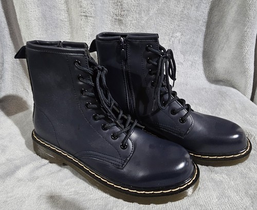 Blue faux leather combat - faux, boots